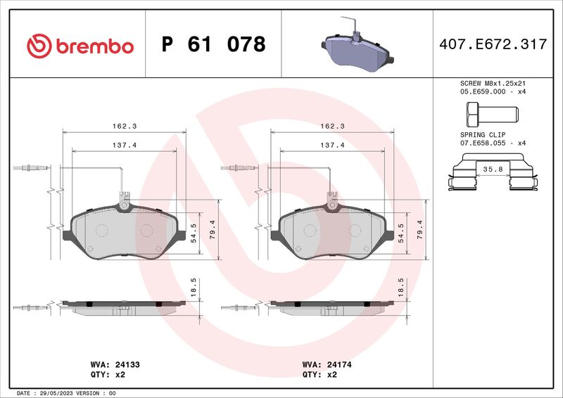 Stabdžių trinkelių rinkinys, diskinis stabdys BREMBO P 61 078