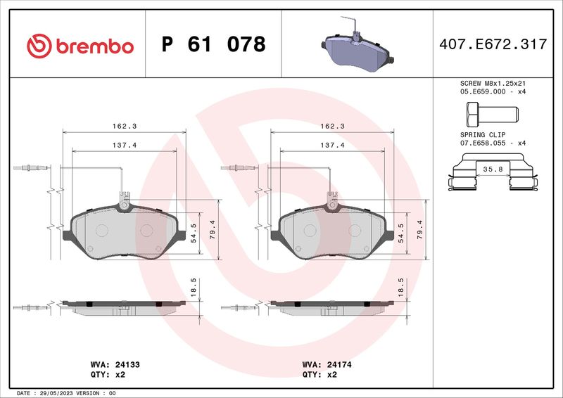 Комплект гальмівних накладок, дискове гальмо BREMBO P 61 078
