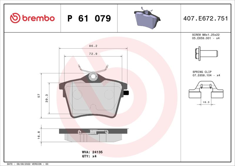 Stabdžių trinkelių rinkinys, diskinis stabdys BREMBO P 61 079