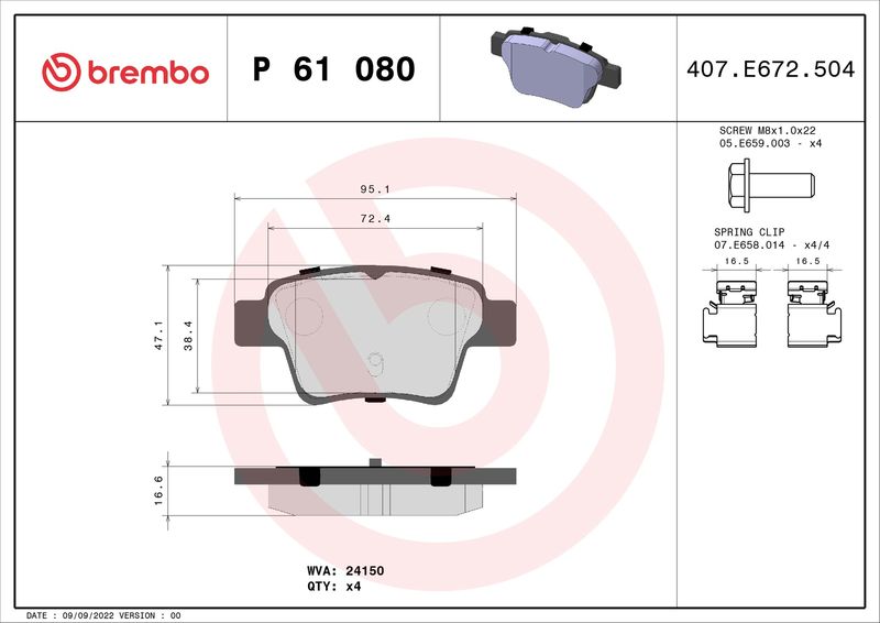 Stabdžių trinkelių rinkinys, diskinis stabdys BREMBO P 61 080