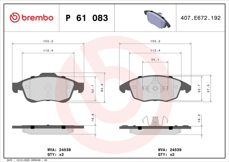 Stabdžių trinkelių rinkinys, diskinis stabdys BREMBO P 61 083