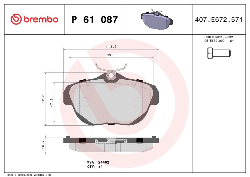 Комплект гальмівних накладок, дискове гальмо BREMBO P 61 087