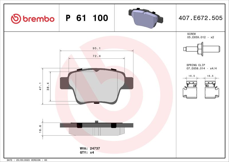 Комплект гальмівних накладок, дискове гальмо BREMBO P 61 100