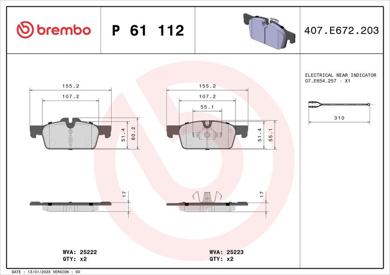 Комплект гальмівних накладок, дискове гальмо BREMBO P 61 112