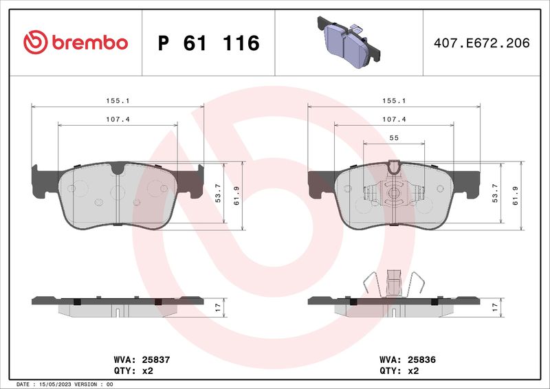 Комплект гальмівних накладок, дискове гальмо BREMBO P 61 116