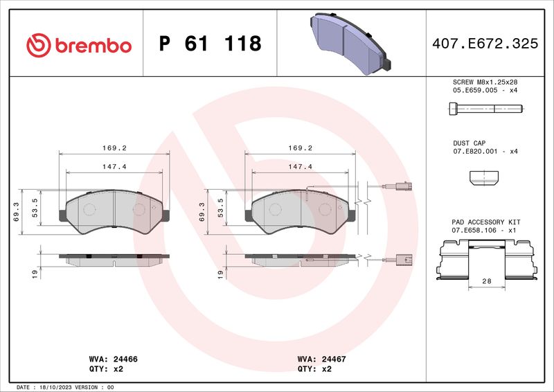 Комплект гальмівних накладок, дискове гальмо BREMBO P 61 118