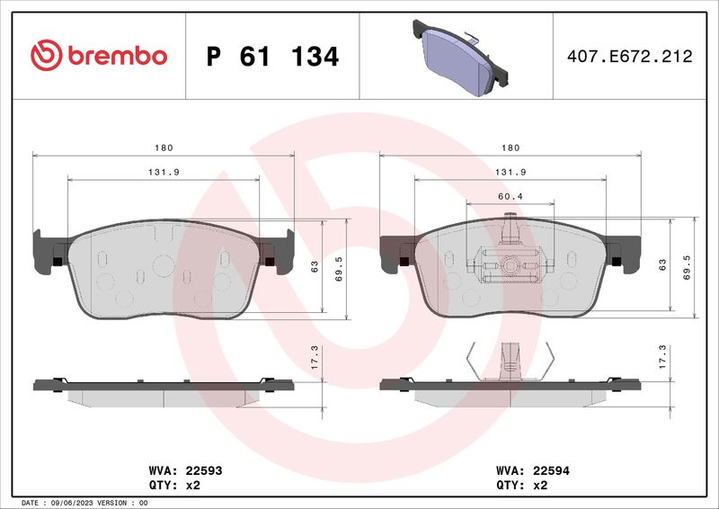 Комплект гальмівних накладок, дискове гальмо BREMBO P 61 134