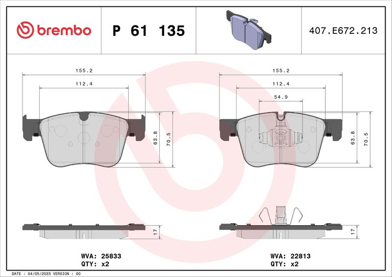 Комплект гальмівних накладок, дискове гальмо BREMBO P 61 135