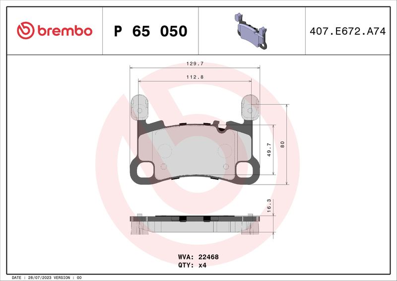 Комплект гальмівних накладок, дискове гальмо BREMBO P 65 050