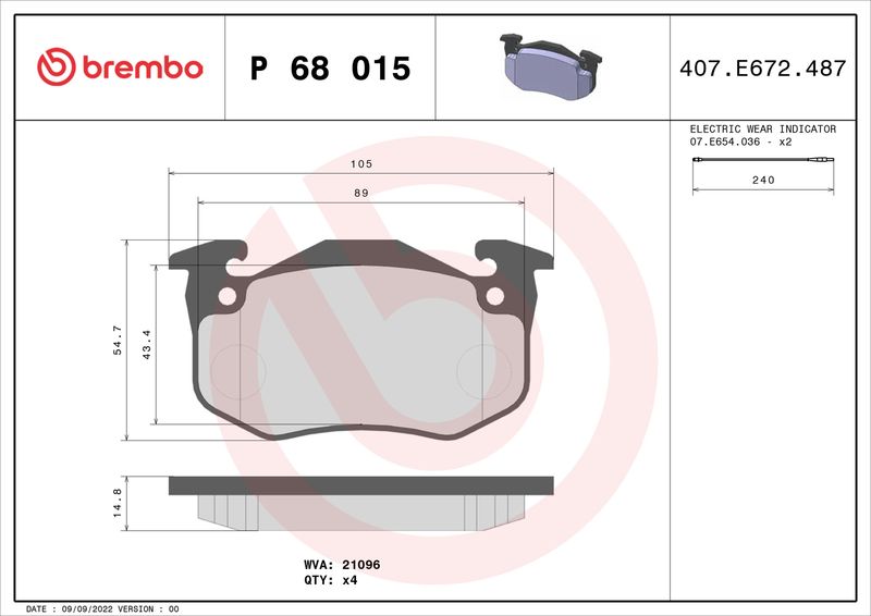 Комплект гальмівних накладок, дискове гальмо BREMBO P 68 015