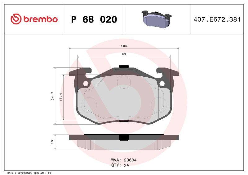 Комплект гальмівних накладок, дискове гальмо BREMBO P 68 020