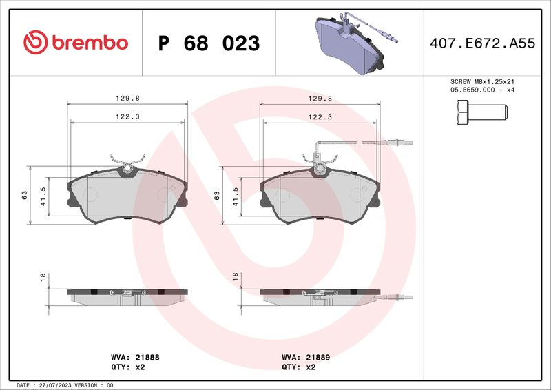 Комплект гальмівних накладок, дискове гальмо BREMBO P 68 023