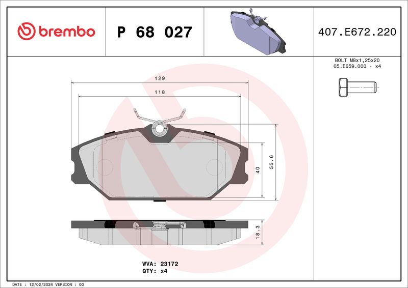 Комплект гальмівних накладок, дискове гальмо BREMBO P 68 027