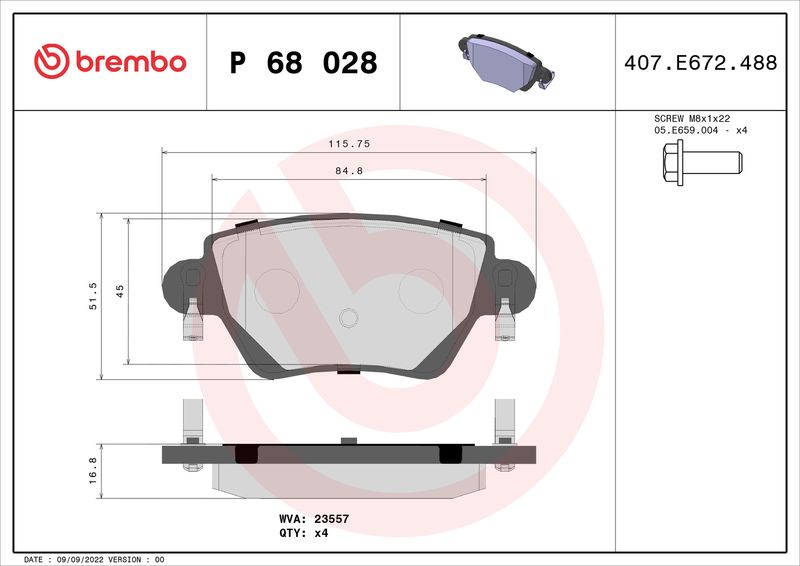 Комплект гальмівних накладок, дискове гальмо BREMBO P 68 028