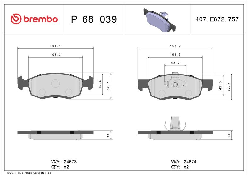 Brake Pad Set, disc brake BREMBO P 68 039