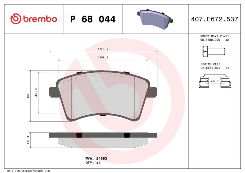 Stabdžių trinkelių rinkinys, diskinis stabdys BREMBO P 68 044