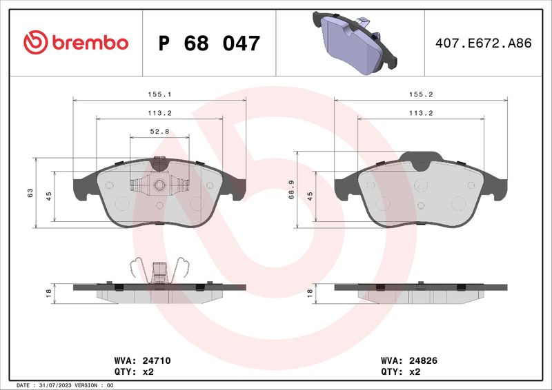 Комплект гальмівних накладок, дискове гальмо BREMBO P 68 047