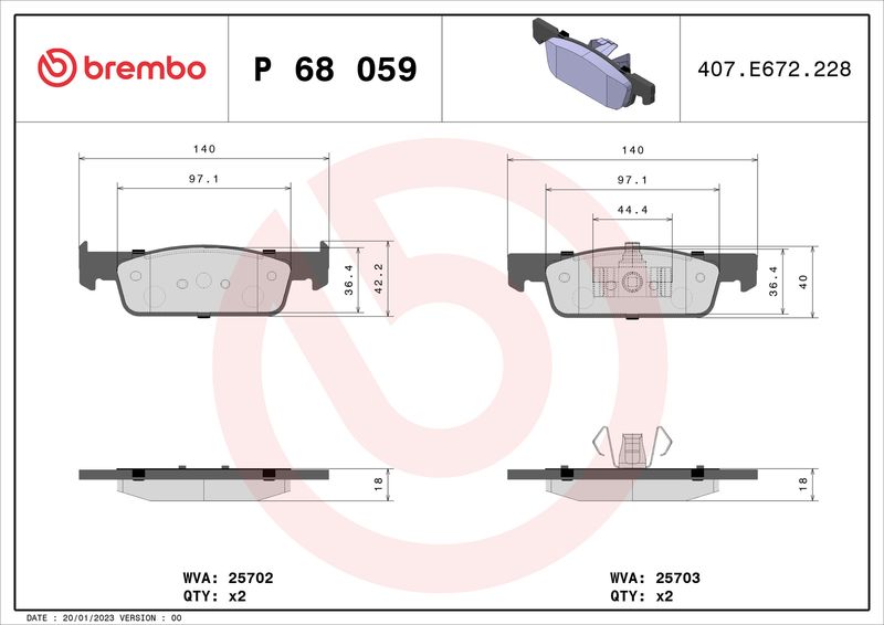 Комплект гальмівних накладок, дискове гальмо BREMBO P 68 059