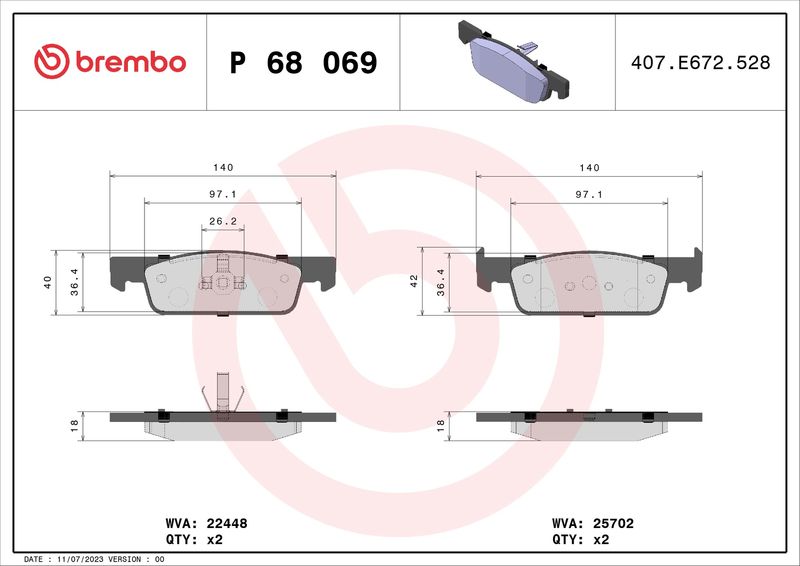 Stabdžių trinkelių rinkinys, diskinis stabdys BREMBO P 68 069