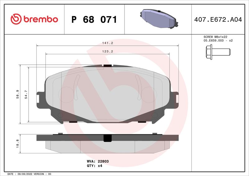 Комплект гальмівних накладок, дискове гальмо BREMBO P 68 071