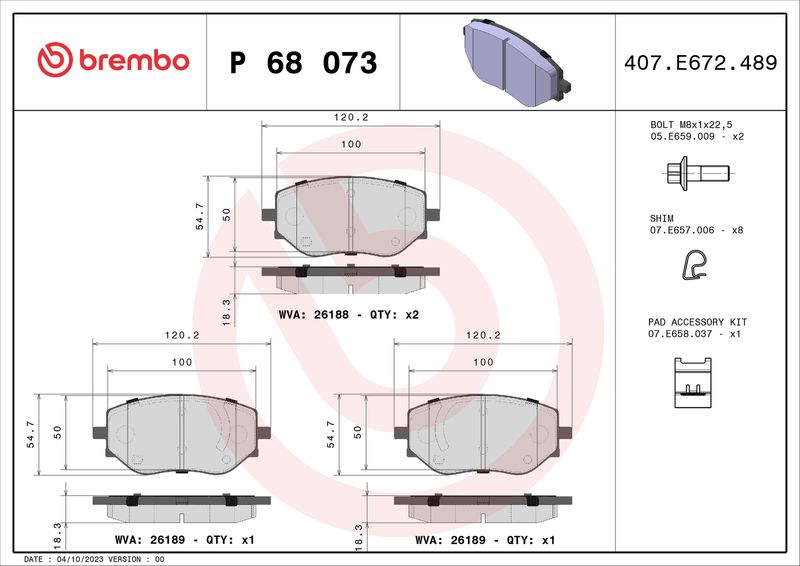 Stabdžių trinkelių rinkinys, diskinis stabdys BREMBO P 68 073