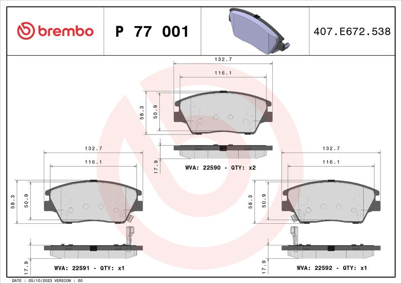 Stabdžių trinkelių rinkinys, diskinis stabdys BREMBO P 77 001