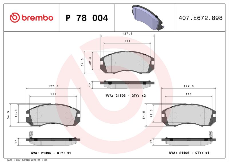 Комплект гальмівних накладок, дискове гальмо BREMBO P 78 004