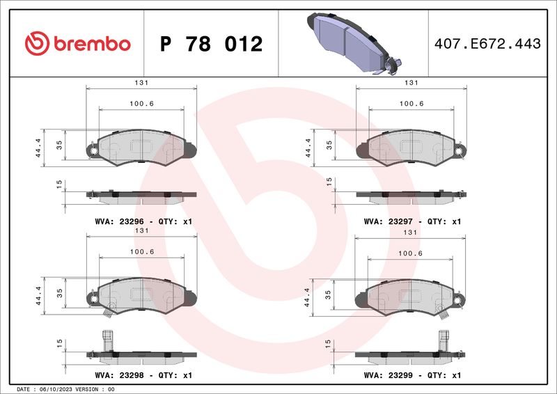 Комплект гальмівних накладок, дискове гальмо BREMBO P 78 012