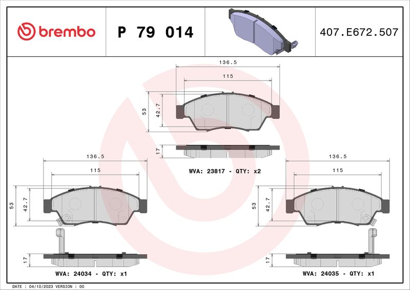 Комплект гальмівних накладок, дискове гальмо BREMBO P 79 014