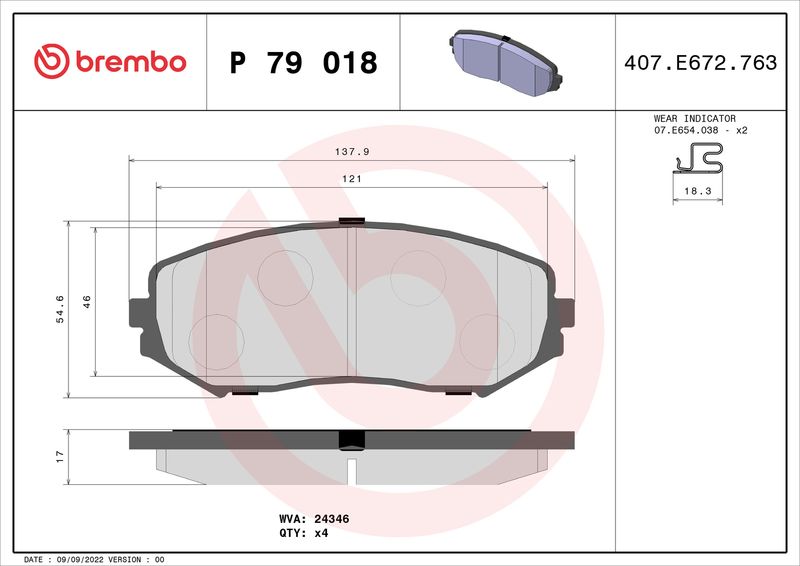 Комплект гальмівних накладок, дискове гальмо BREMBO P 79 018