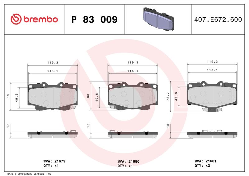 Stabdžių trinkelių rinkinys, diskinis stabdys BREMBO P 83 009