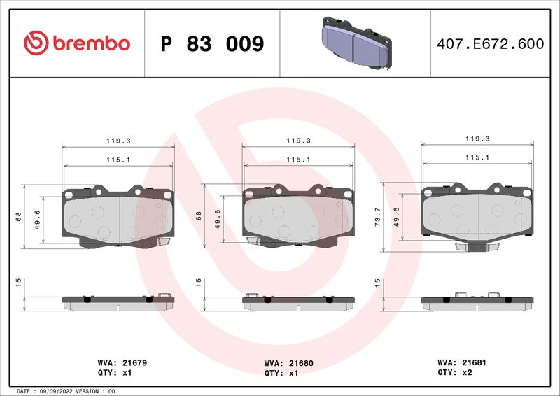 Комплект гальмівних накладок, дискове гальмо BREMBO P 83 009