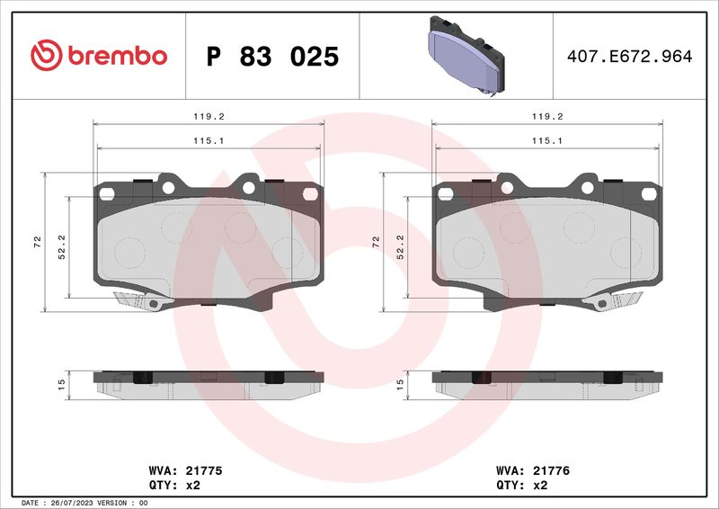 Комплект гальмівних накладок, дискове гальмо BREMBO P 83 025