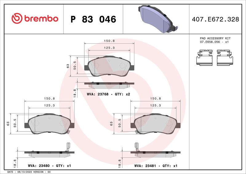 Комплект гальмівних накладок, дискове гальмо BREMBO P 83 046
