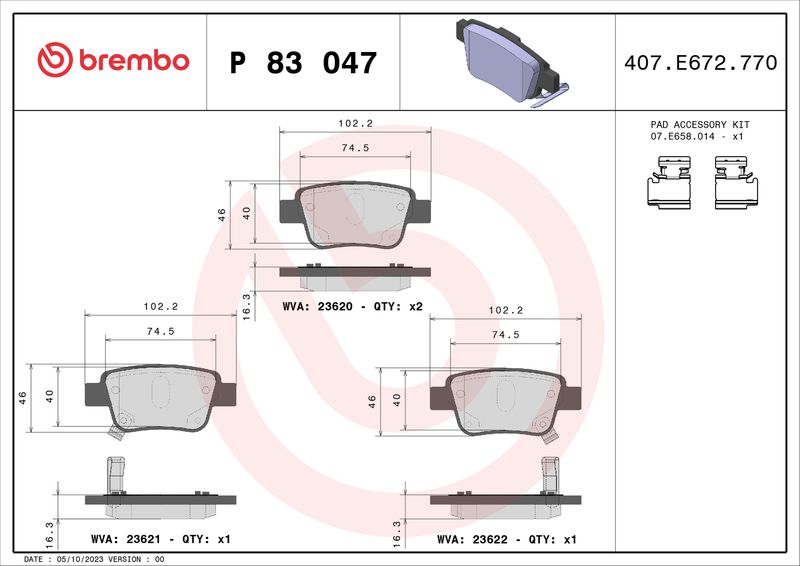 Stabdžių trinkelių rinkinys, diskinis stabdys BREMBO P 83 047