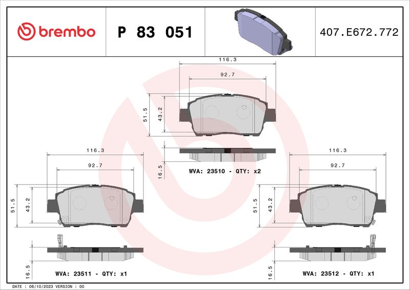 Stabdžių trinkelių rinkinys, diskinis stabdys BREMBO P 83 051
