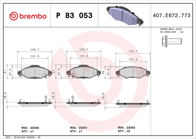 Stabdžių trinkelių rinkinys, diskinis stabdys BREMBO P 83 053