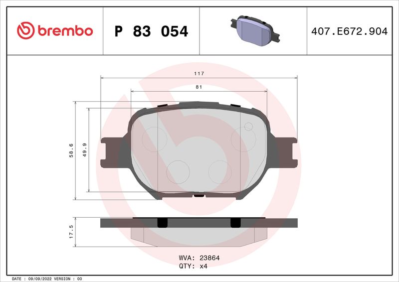 Комплект гальмівних накладок, дискове гальмо BREMBO P 83 054