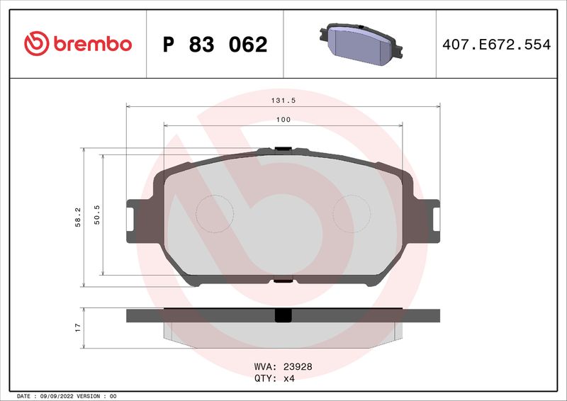 Комплект гальмівних накладок, дискове гальмо BREMBO P 83 062