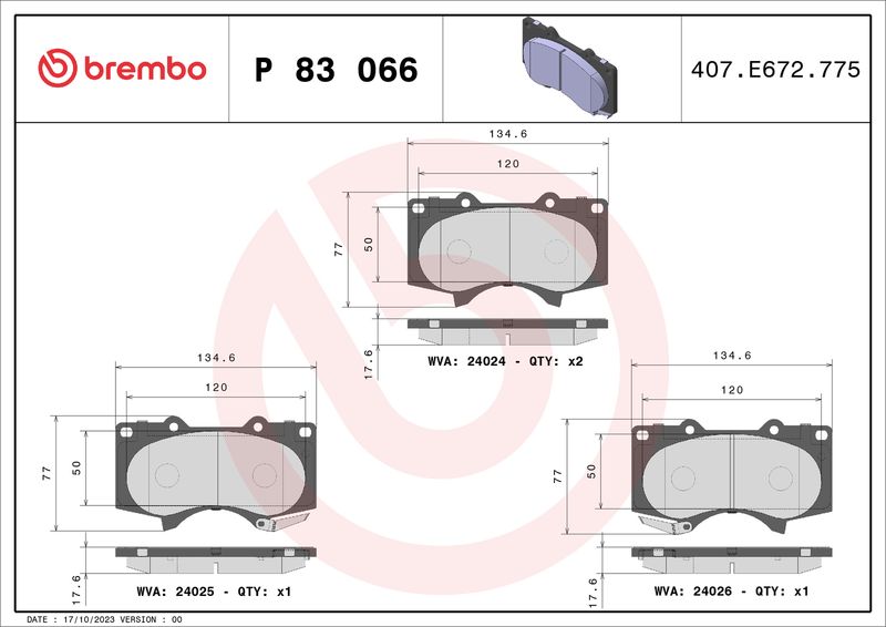 Stabdžių trinkelių rinkinys, diskinis stabdys BREMBO P 83 066