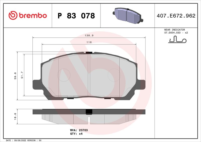 Комплект гальмівних накладок, дискове гальмо BREMBO P83078