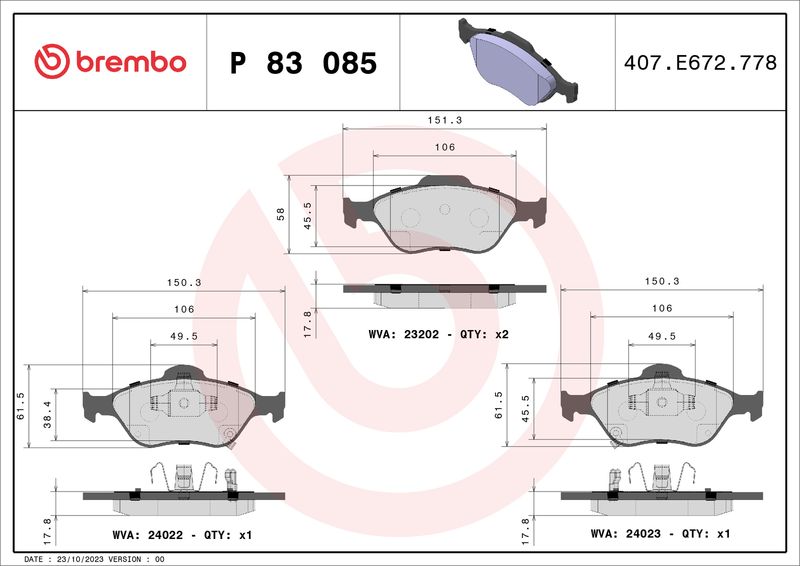 Комплект гальмівних накладок, дискове гальмо BREMBO P 83 085