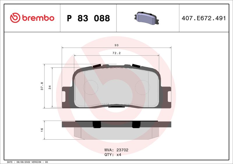 Stabdžių trinkelių rinkinys, diskinis stabdys BREMBO P 83 088