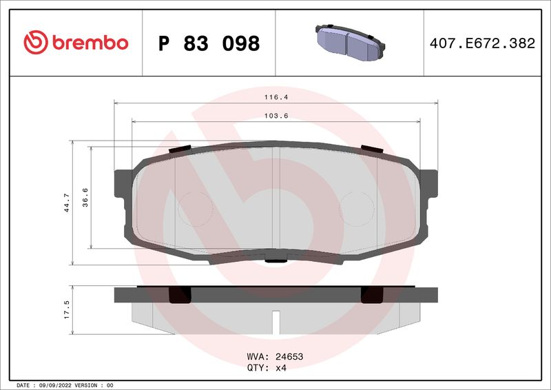 Комплект гальмівних накладок, дискове гальмо BREMBO P 83 098