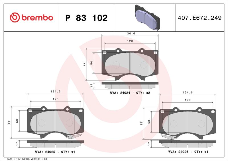 Комплект гальмівних накладок, дискове гальмо BREMBO P 83 102