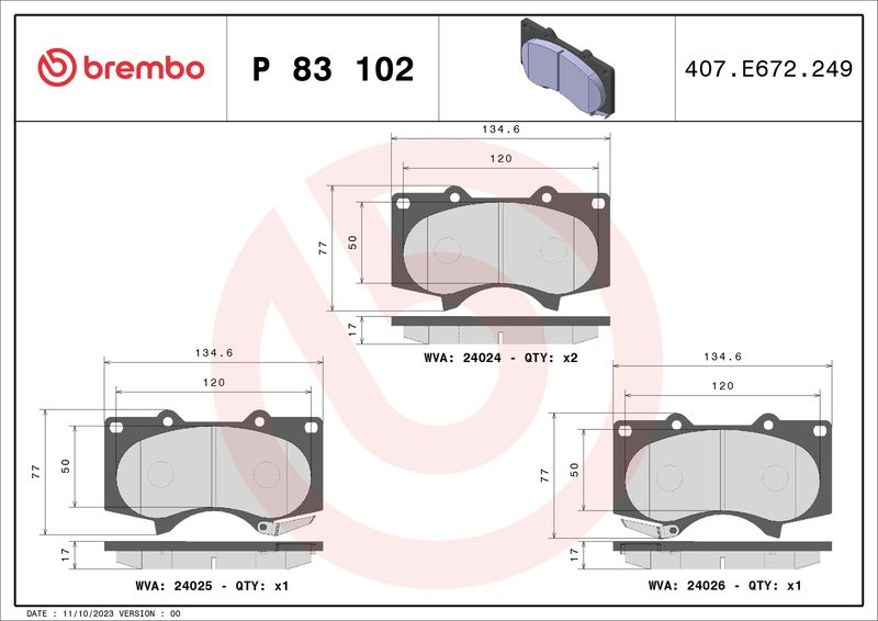 Stabdžių trinkelių rinkinys, diskinis stabdys BREMBO P 83 102X