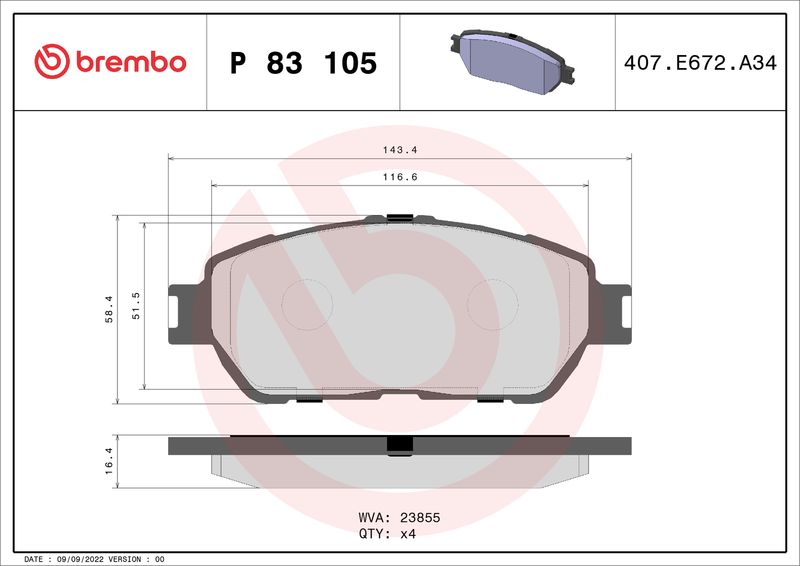 Stabdžių trinkelių rinkinys, diskinis stabdys BREMBO P 83 105