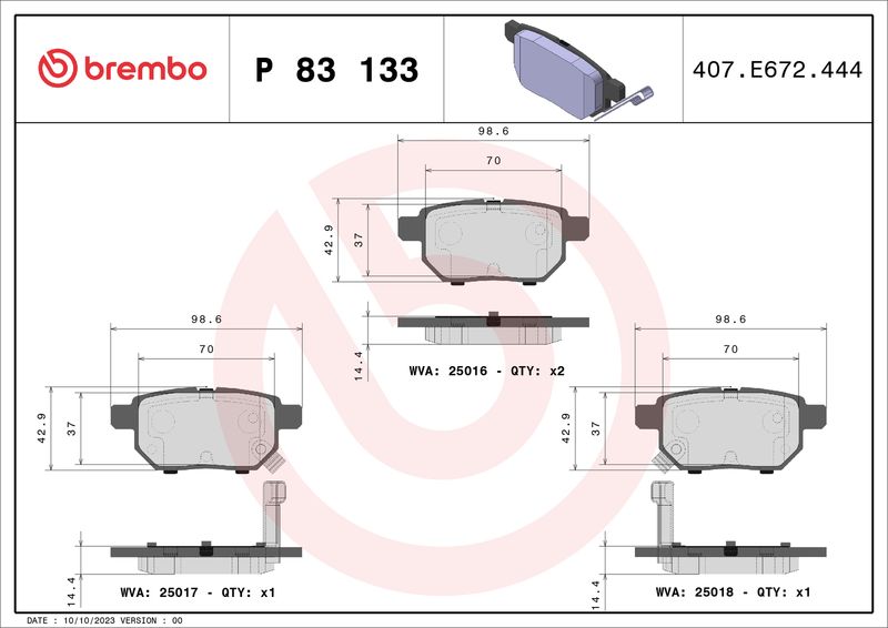 Stabdžių trinkelių rinkinys, diskinis stabdys BREMBO P 83 133