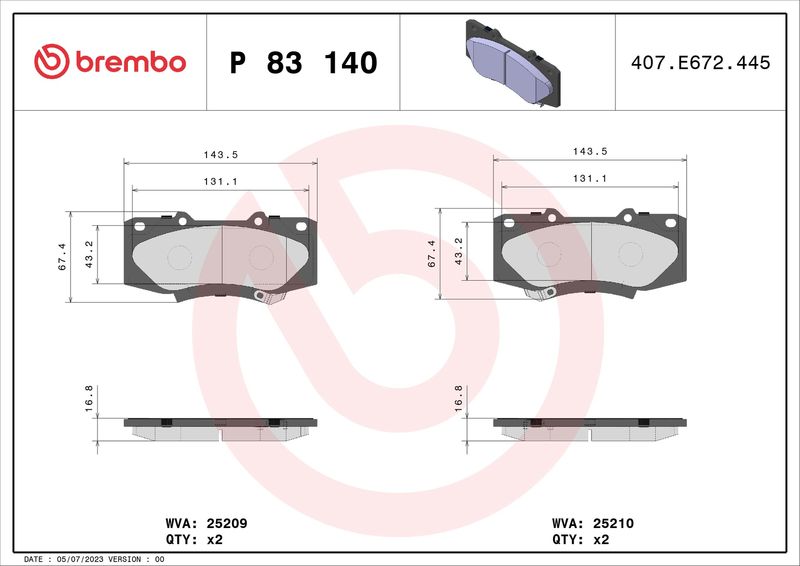 Комплект гальмівних накладок, дискове гальмо BREMBO P 83 140