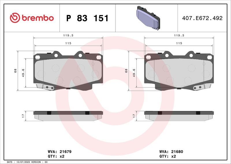 Комплект гальмівних накладок, дискове гальмо BREMBO P 83 151